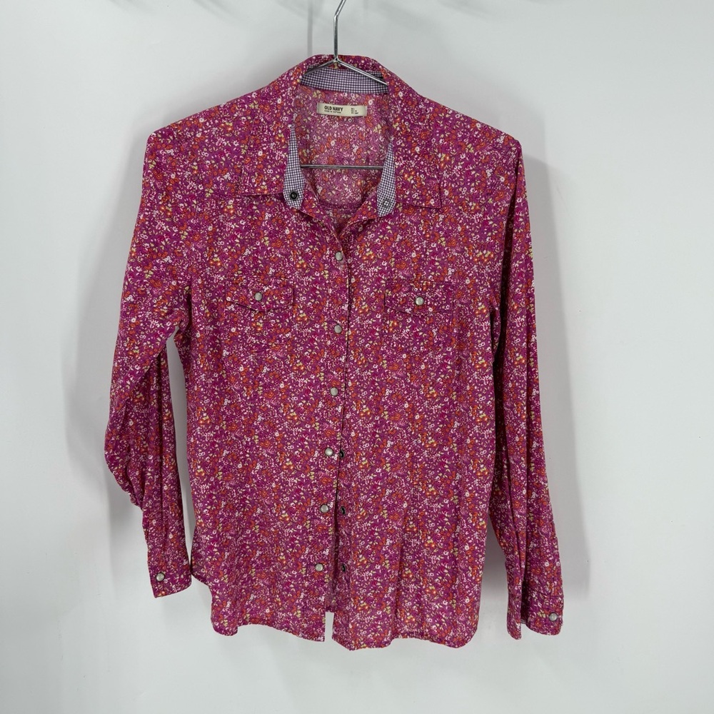 Old Navy 100% cotton Pink/Orange ditzy Floral pearl snap closure Shirt L